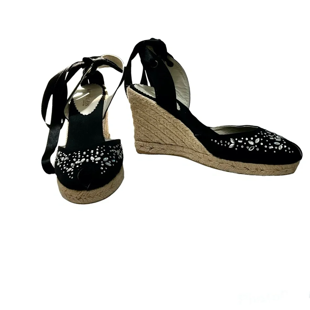 ANNE KLEIN BLACK SATIN WEDGE PEEP TOE ESPADRILLES W SATIN ANKLE WRAP & CRYSTALS